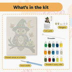 What is in the Owl Witch kit: printed canvas, punch needle, threader, threads, color guide and hangers