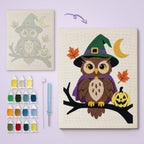Owl Witch canvas before and after punching, with the threads and tools