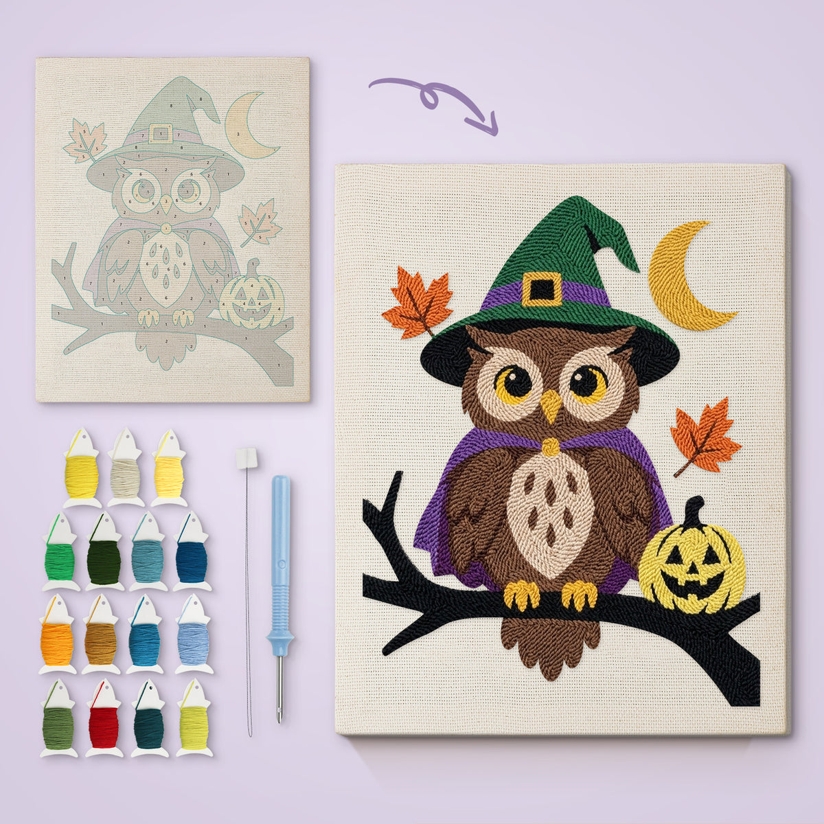 Owl Witch canvas before and after punching, with the threads and tools
