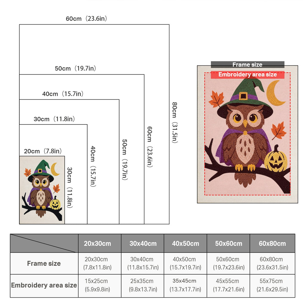 Size chart for punch needle kits from 20 x 30 cm to 60 x 80 cm