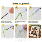 Six steps showing how to thread and use the punch needle