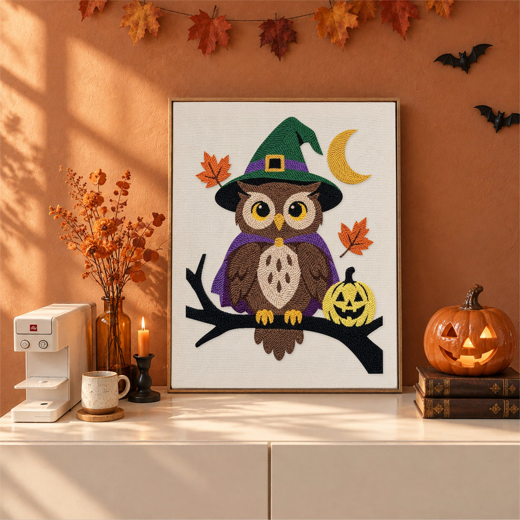Finished Owl Witch punch needle canvas on a wall