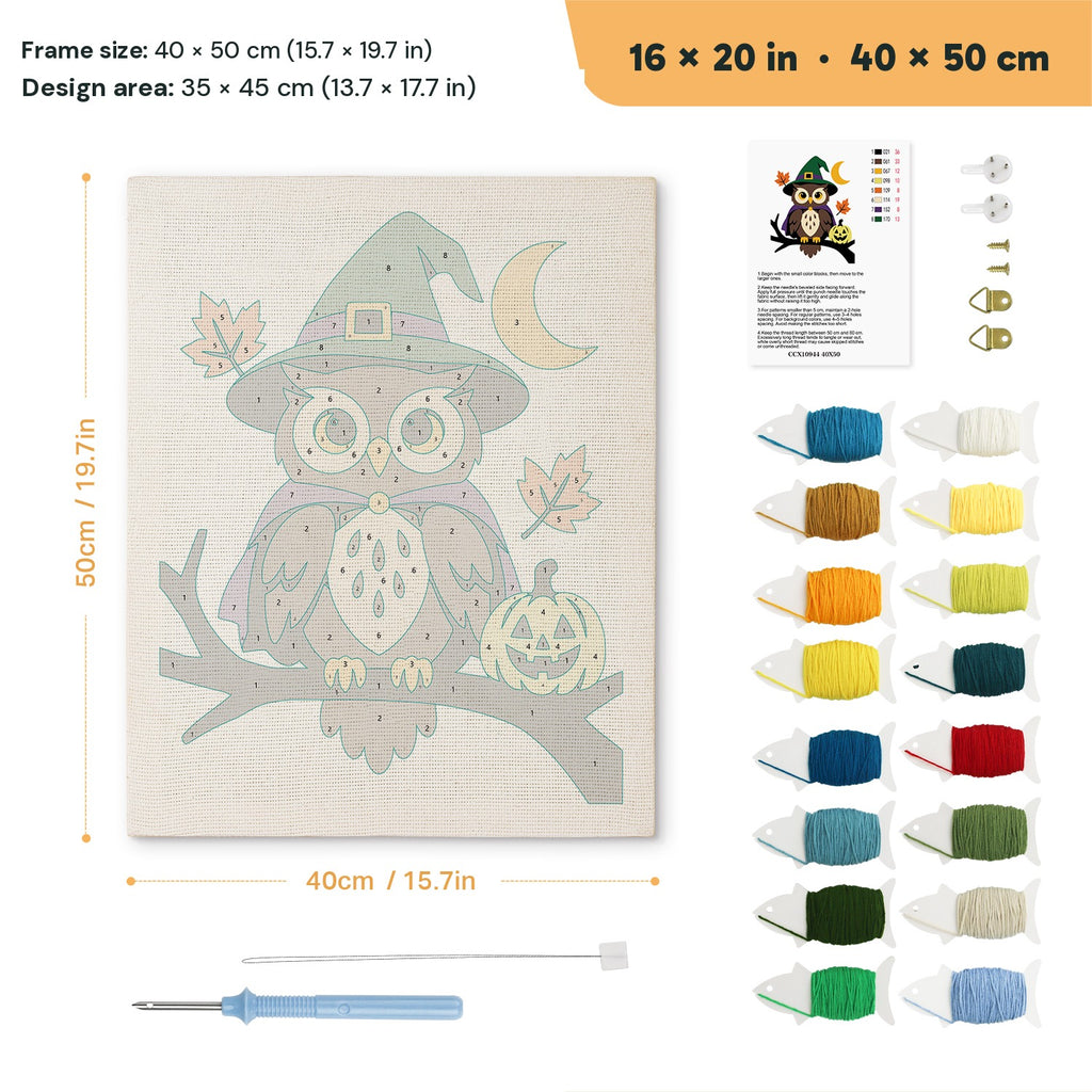 Owl Witch punch needle kit, 16 × 20 in (40 × 50 cm): canvas size and kit contents