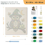 Owl Witch punch needle kit, 16 × 20 in (40 × 50 cm): canvas size and kit contents