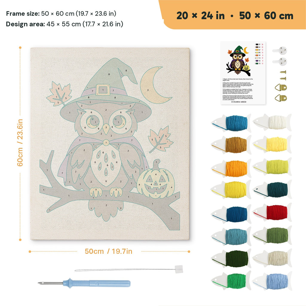 Owl Witch punch needle kit, 20 × 24 in (50 × 60 cm): canvas size and kit contents