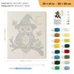 Owl Witch punch needle kit, 20 × 24 in (50 × 60 cm): canvas size and kit contents