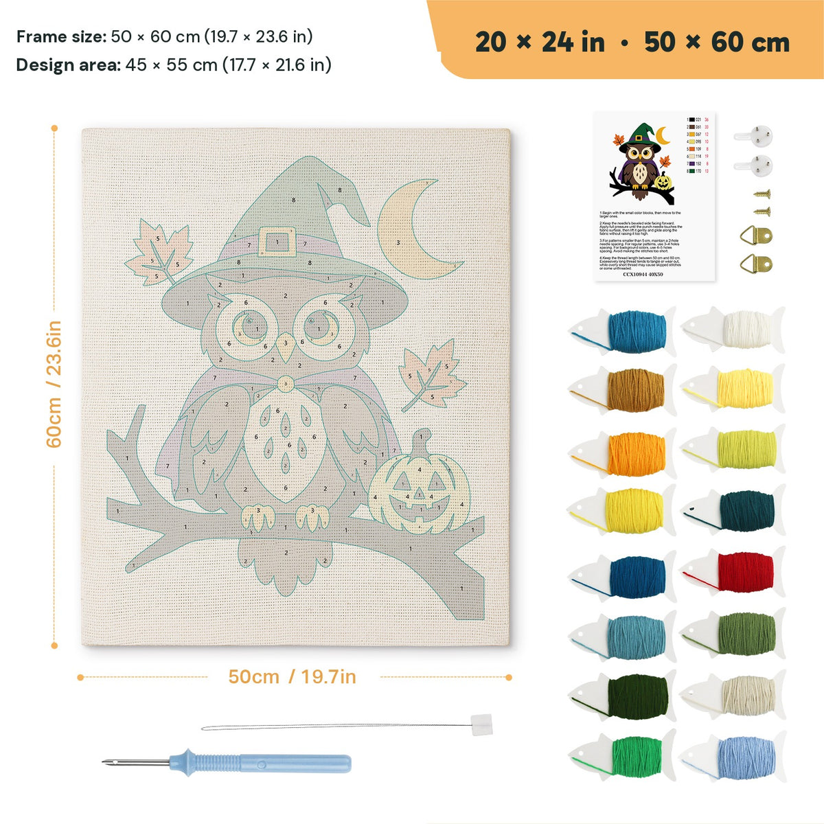 Owl Witch punch needle kit, 20 × 24 in (50 × 60 cm): canvas size and kit contents