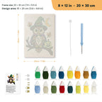 Owl Witch punch needle kit, 8 × 12 in (20 × 30 cm): canvas size and kit contents