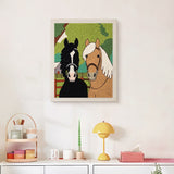 Finished Paddock Friends punch needle canvas on a wall