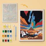 Painted Desert Night canvas before and after punching, with the threads and tools