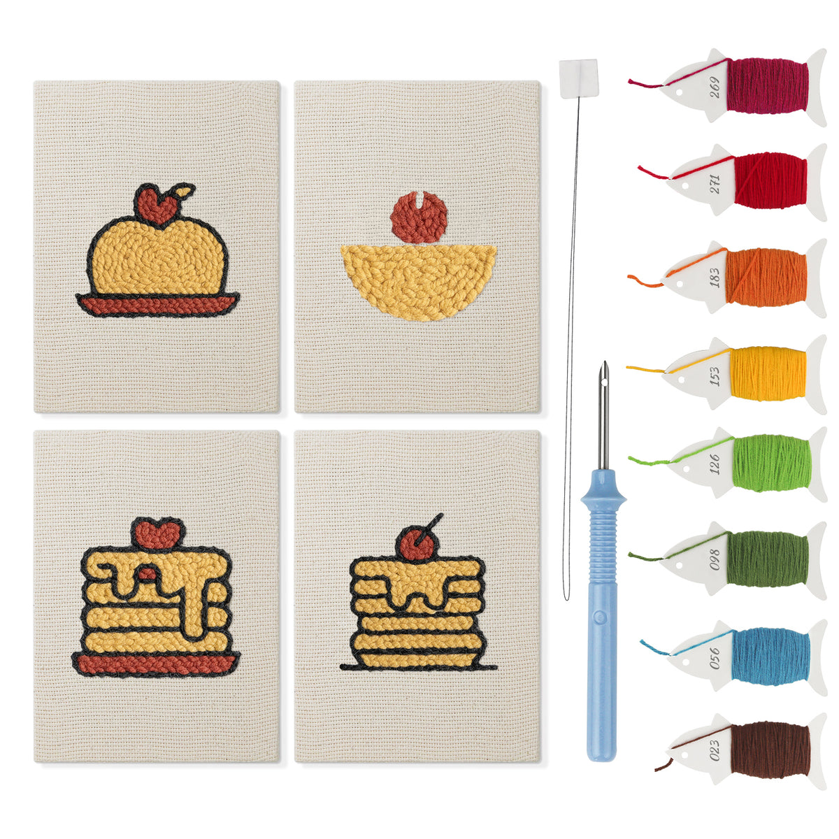 Pancake Stacks mini punch needle kit set: four finished canvases with threads, punch needle and threader