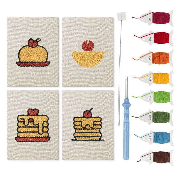 Pancake Stacks mini punch needle kit set: four finished canvases with threads, punch needle and threader