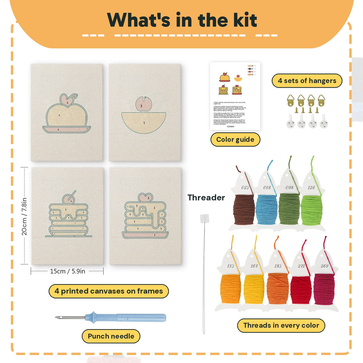What is in the Pancake Stacks set: 4 printed canvases, punch needle, threader, threads, color guide and 4 sets of hangers (6 × 8 in (15 × 20 cm) each)