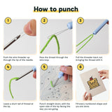 Six steps showing how to thread and use the punch needle