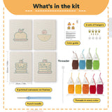 What is in the Pancake Stacks set, 8 × 12 in (20 × 30 cm) each: 4 printed canvases, punch needle, threader, threads, color guide and 4 sets of hangers