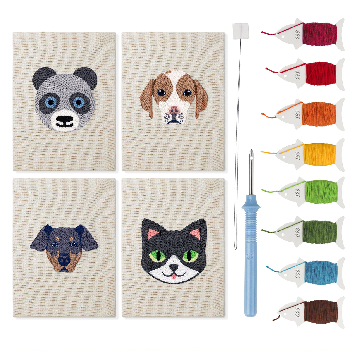 Panda and Cat mini punch needle kit set: four finished canvases with threads, punch needle and threader