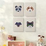 The four Panda and Cat mini canvases on a wall above a shelf