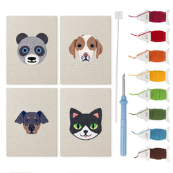 Panda and Cat mini punch needle kit set: four finished canvases with threads, punch needle and threader