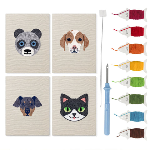 Panda and Cat mini punch needle kit set: four finished canvases with threads, punch needle and threader