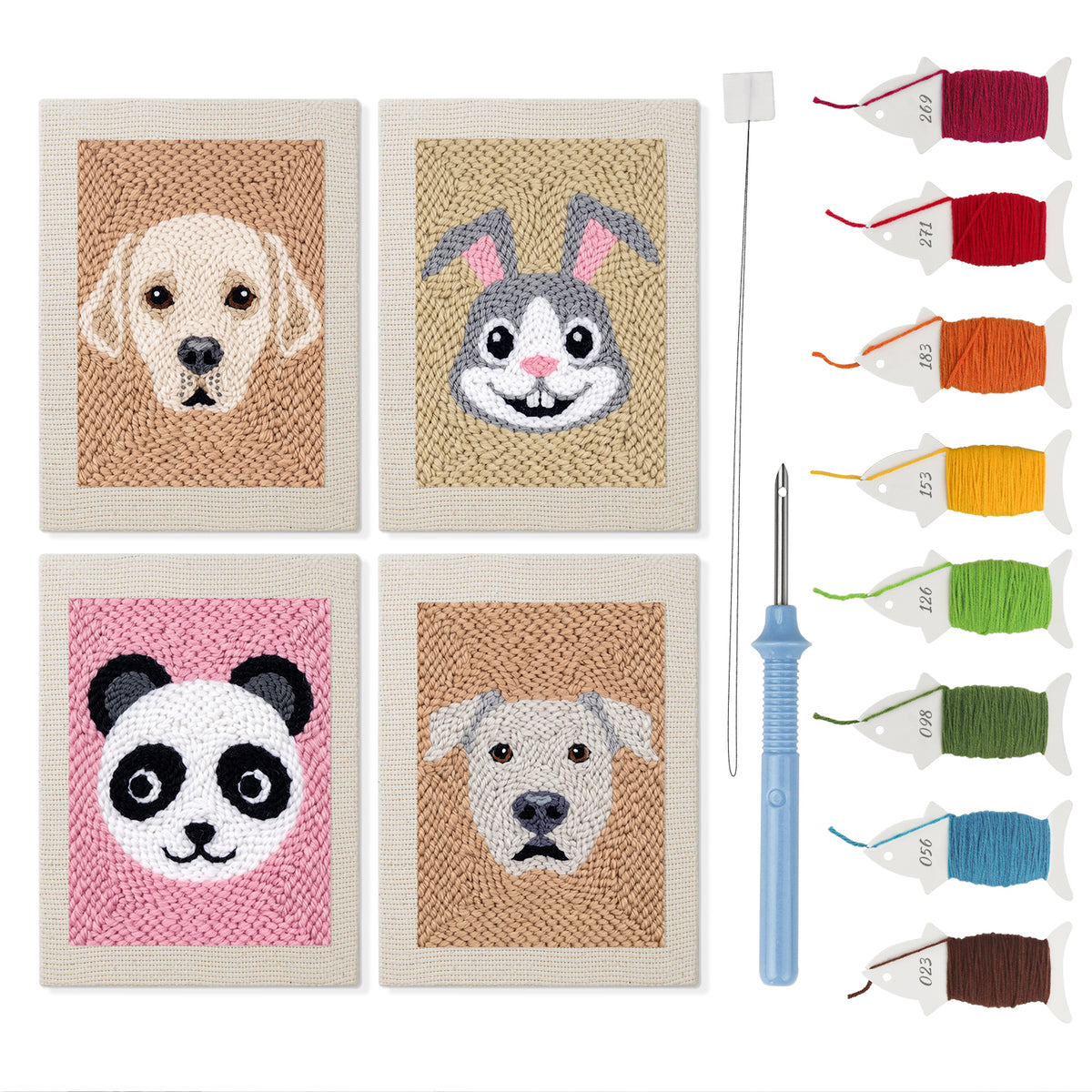 Panda and Labrador mini punch needle kit set: four finished canvases with threads, punch needle and threader