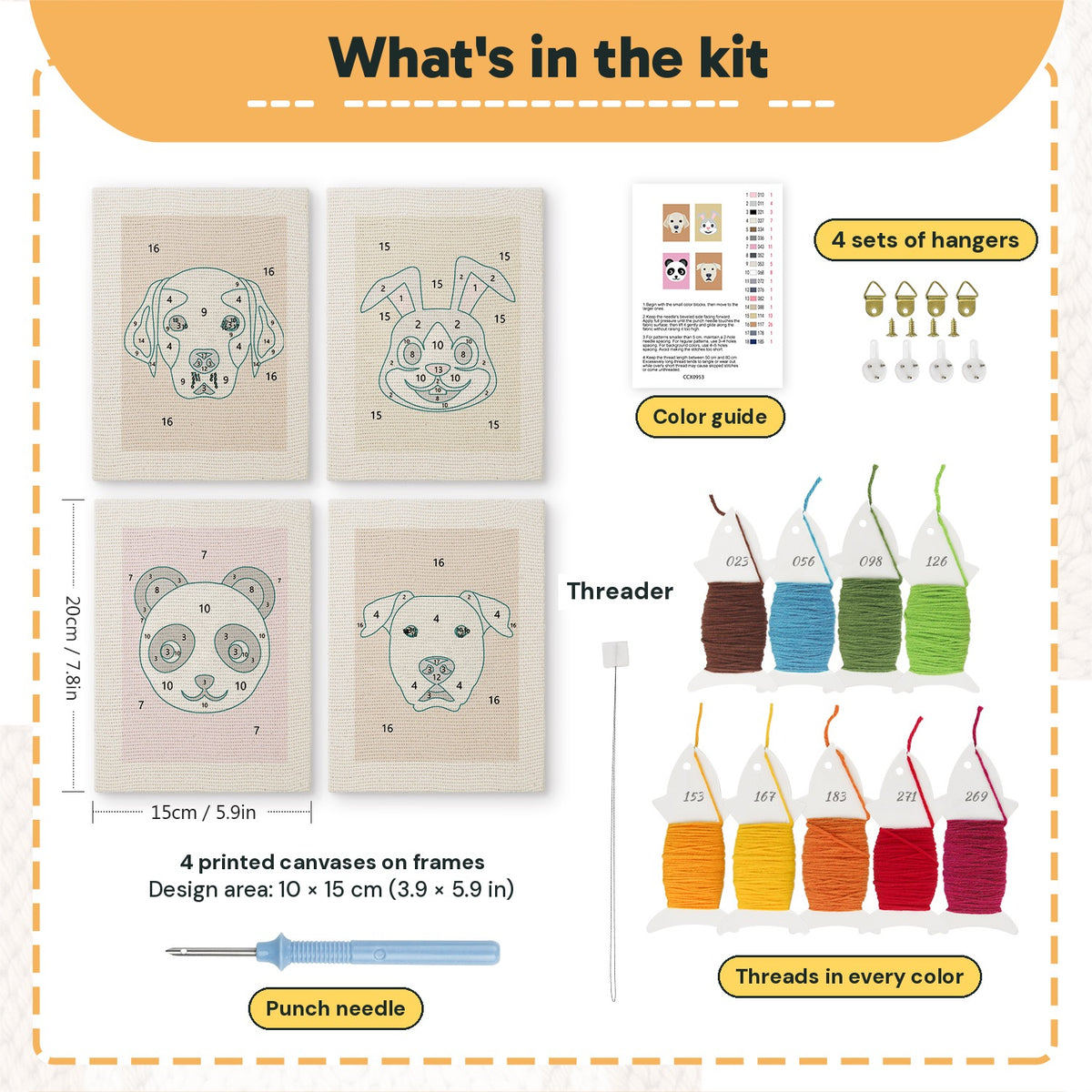 What is in the Panda and Labrador set: 4 printed canvases, punch needle, threader, threads, color guide and 4 sets of hangers (6 × 8 in (15 × 20 cm) each)