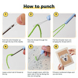 Six steps showing how to thread and use the punch needle