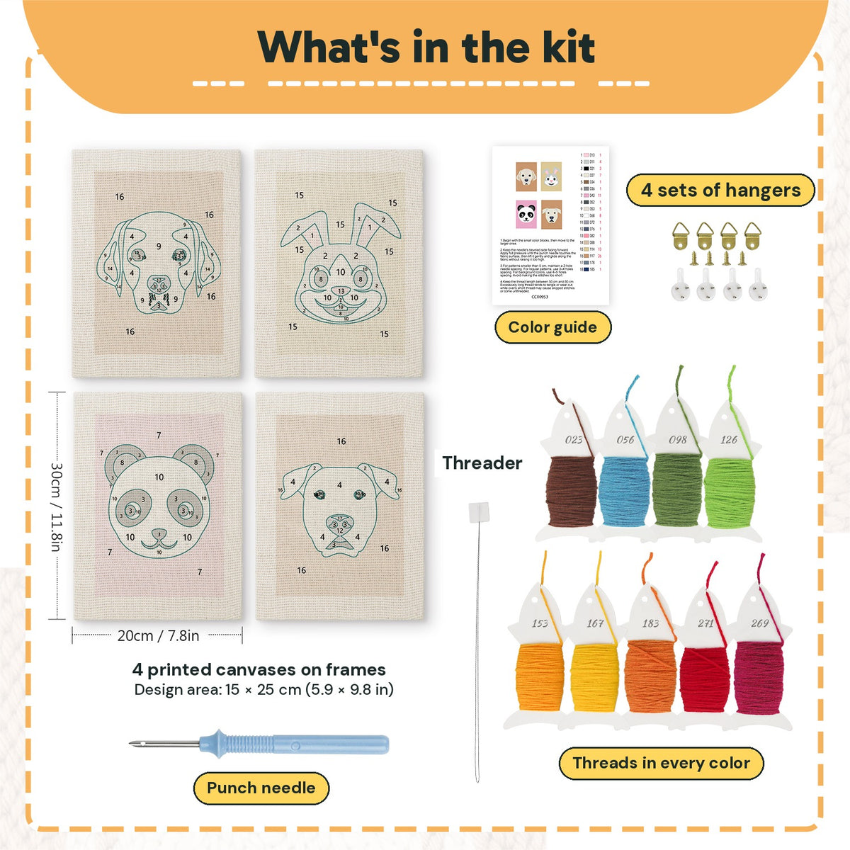 What is in the Panda and Labrador set, 8 × 12 in (20 × 30 cm) each: 4 printed canvases, punch needle, threader, threads, color guide and 4 sets of hangers