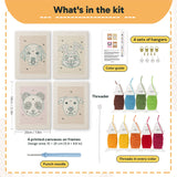 What is in the Panda and Labrador set, 8 × 12 in (20 × 30 cm) each: 4 printed canvases, punch needle, threader, threads, color guide and 4 sets of hangers