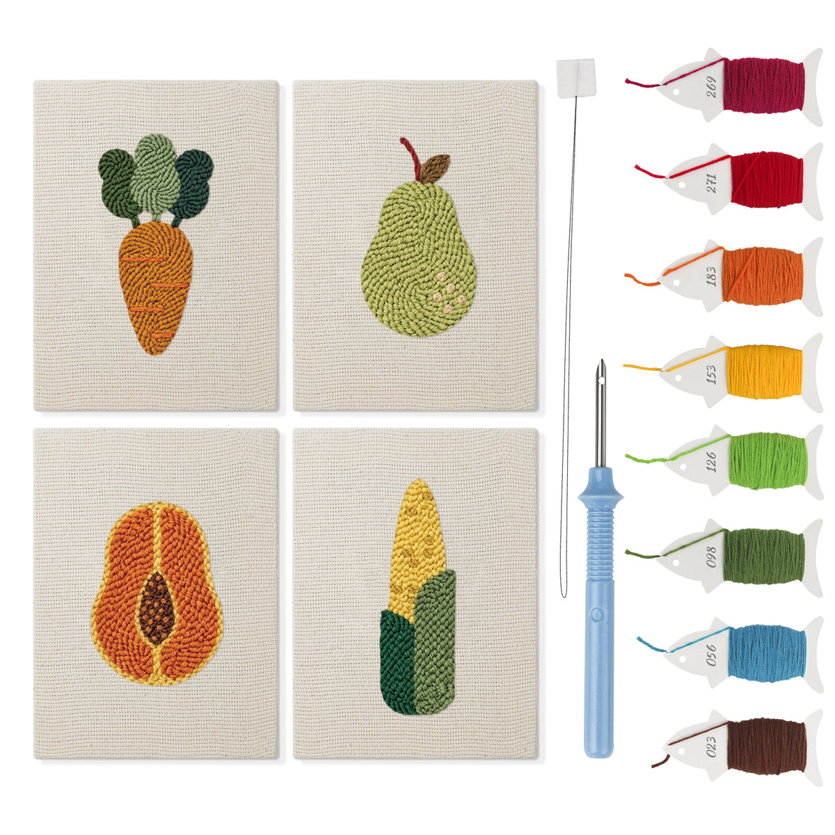 Papaya and Pear mini punch needle kit set: four finished canvases with threads, punch needle and threader