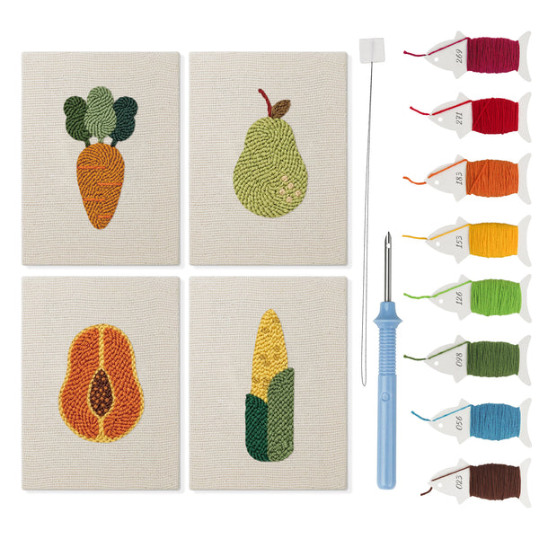 Papaya and Pear mini punch needle kit set: four finished canvases with threads, punch needle and threader
