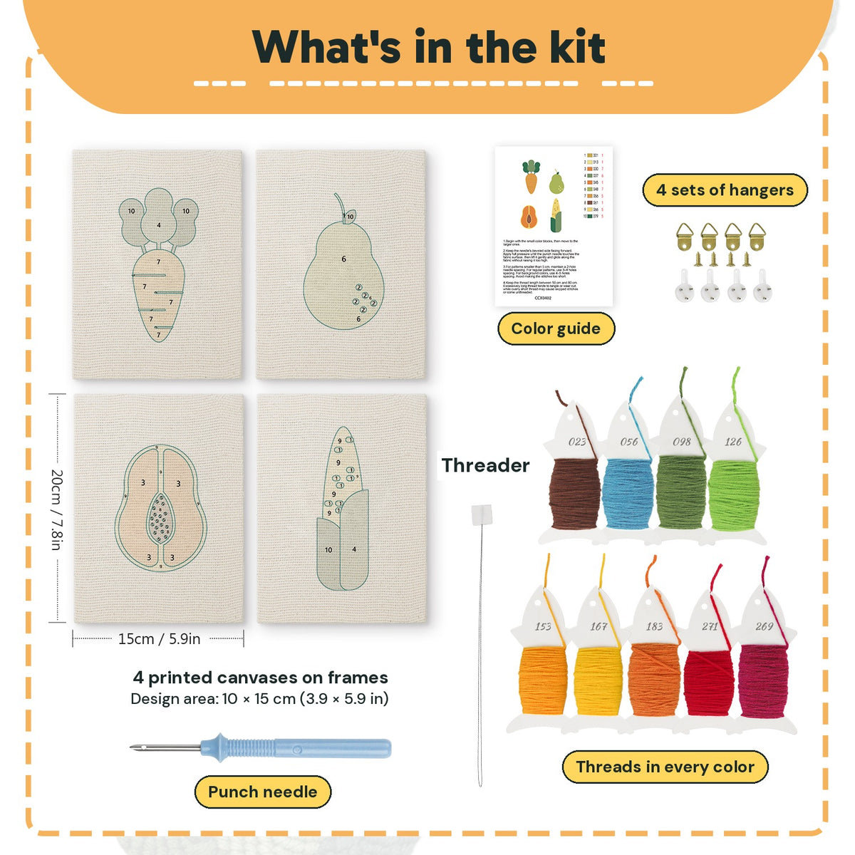 What is in the Papaya and Pear set: 4 printed canvases, punch needle, threader, threads, color guide and 4 sets of hangers (6 × 8 in (15 × 20 cm) each)