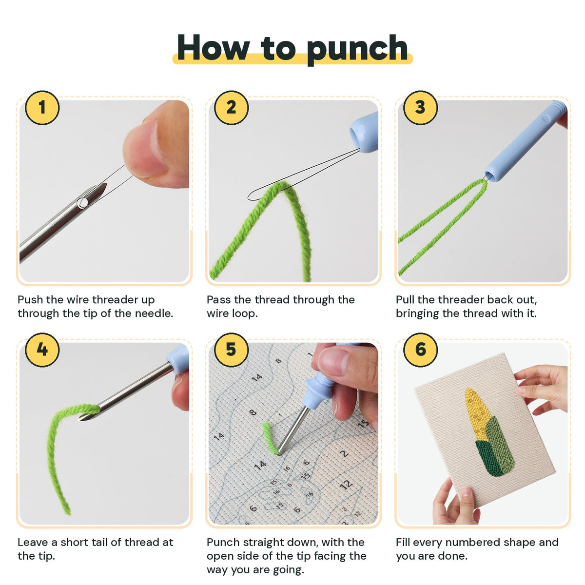 Six steps showing how to thread and use the punch needle