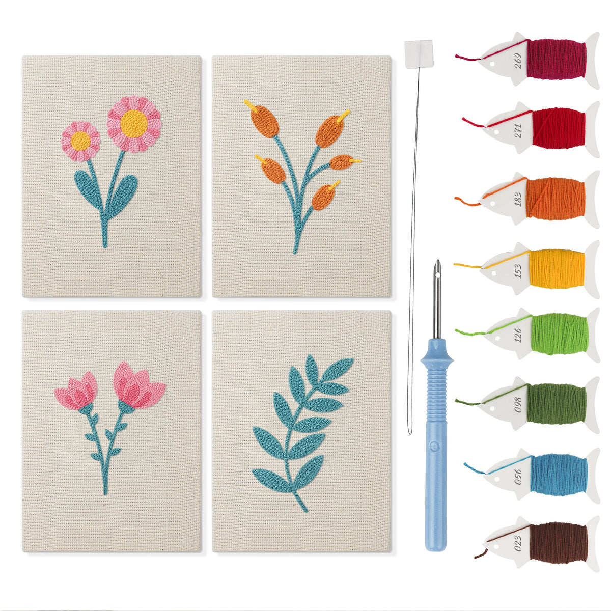 Pastel Flower Sprigs mini punch needle kit set: four finished canvases with threads, punch needle and threader