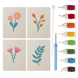 Pastel Flower Sprigs mini punch needle kit set: four finished canvases with threads, punch needle and threader
