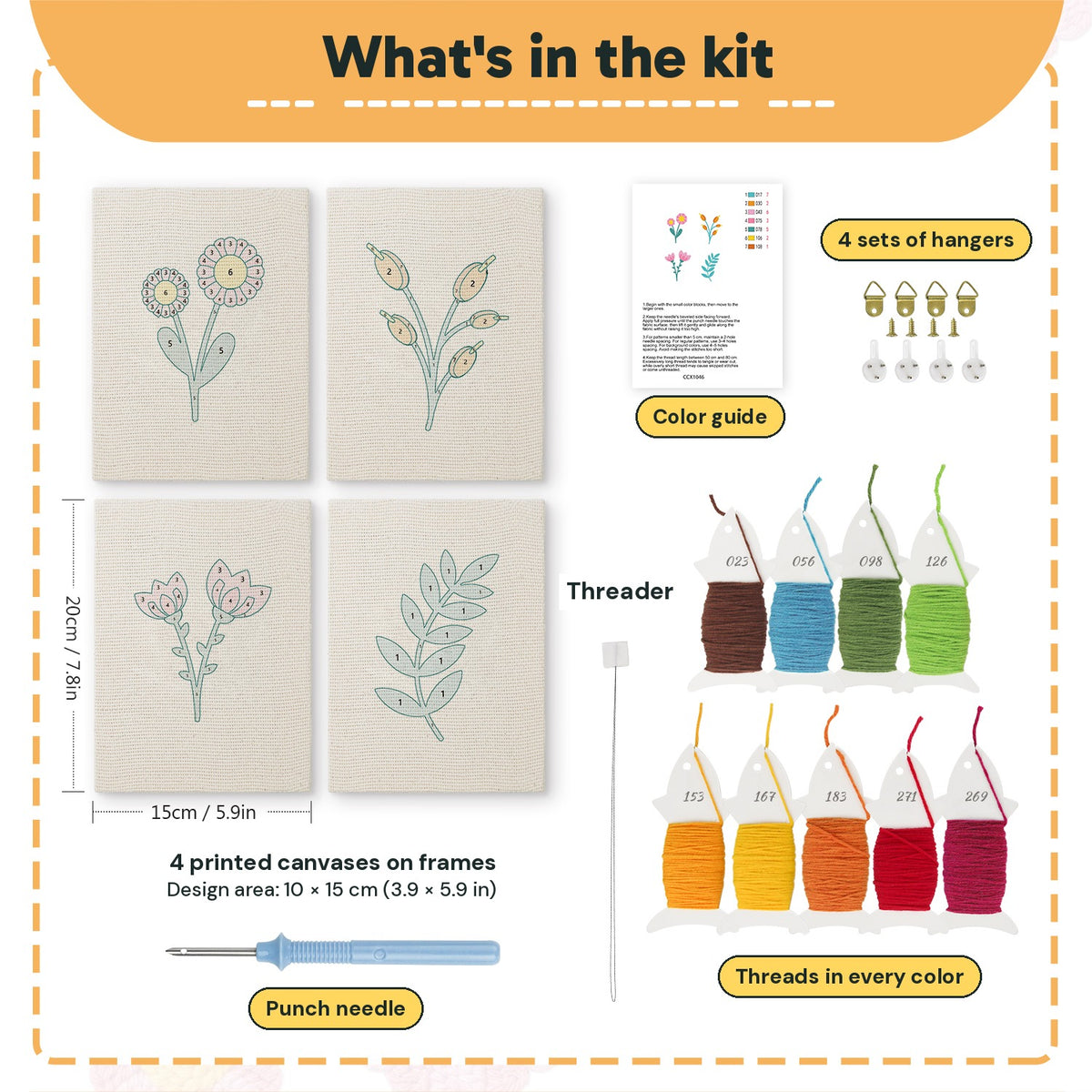 What is in the Pastel Flower Sprigs set: 4 printed canvases, punch needle, threader, threads, color guide and 4 sets of hangers (6 × 8 in (15 × 20 cm) each)