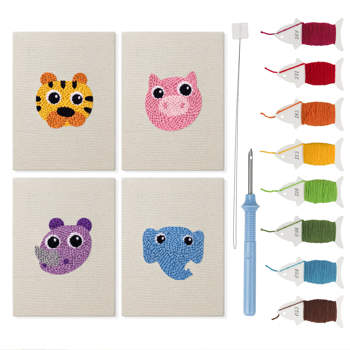 Pastel Safari Faces mini punch needle kit set: four finished canvases with threads, punch needle and threader