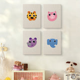 The four Pastel Safari Faces mini canvases on a wall above a shelf