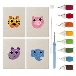 Pastel Safari Faces mini punch needle kit set: four finished canvases with threads, punch needle and threader