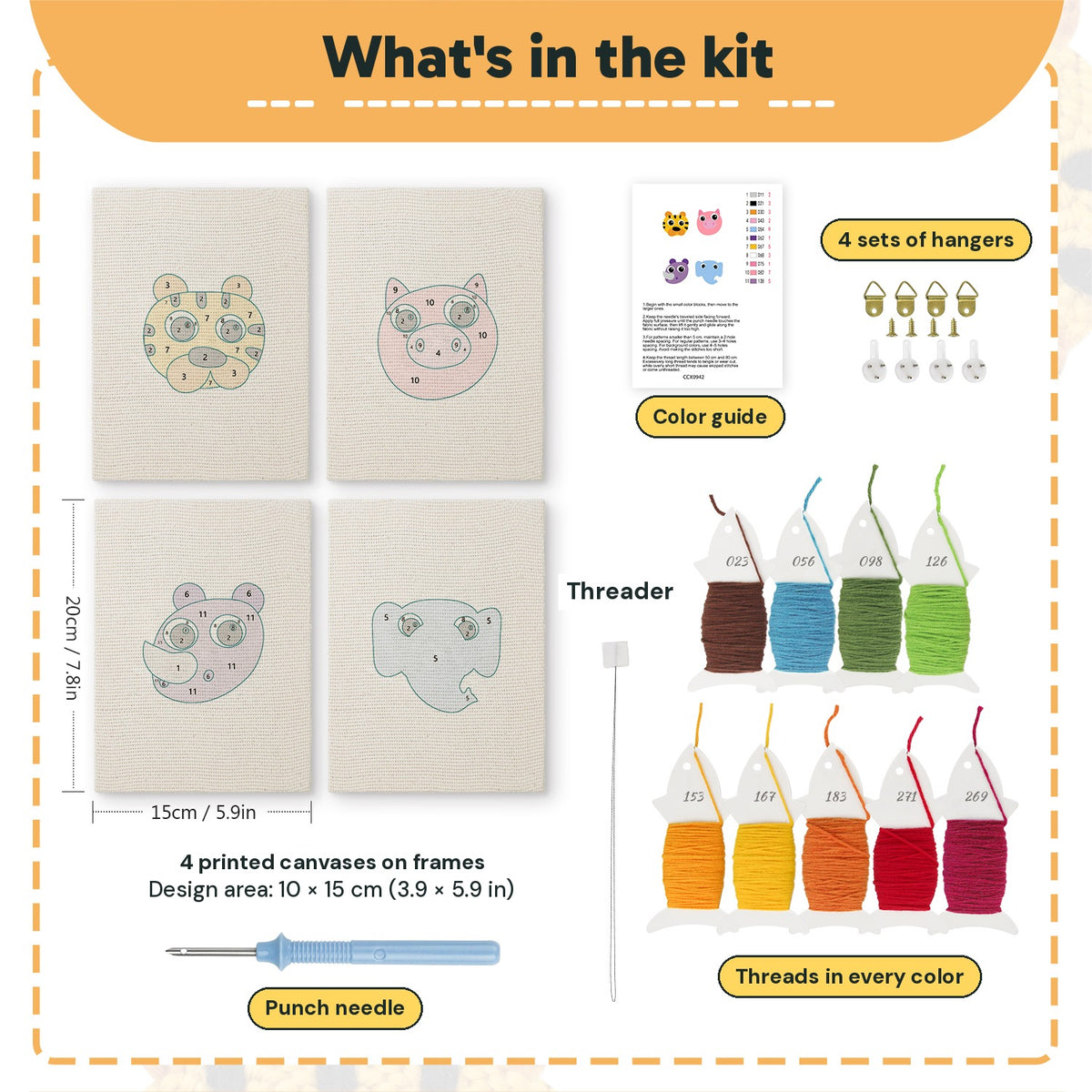 What is in the Pastel Safari Faces set: 4 printed canvases, punch needle, threader, threads, color guide and 4 sets of hangers (6 × 8 in (15 × 20 cm) each)