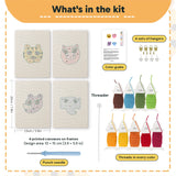 What is in the Pastel Safari Faces set: 4 printed canvases, punch needle, threader, threads, color guide and 4 sets of hangers (6 × 8 in (15 × 20 cm) each)