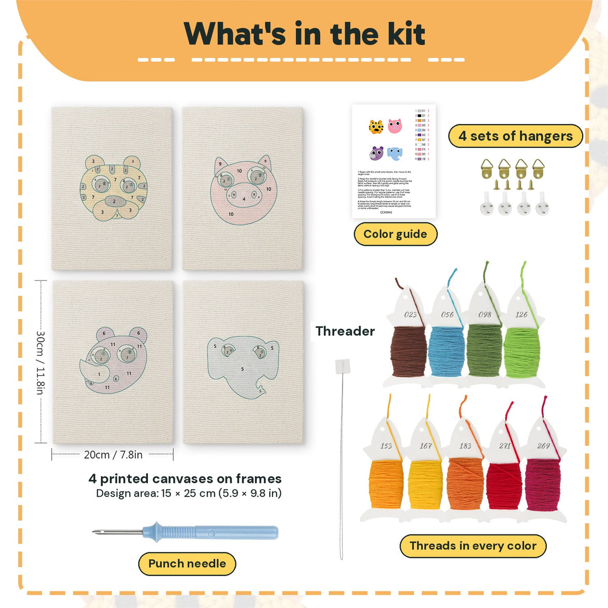 What is in the Pastel Safari Faces set, 8 × 12 in (20 × 30 cm) each: 4 printed canvases, punch needle, threader, threads, color guide and 4 sets of hangers