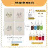 What is in the Pastel Safari Faces set, 8 × 12 in (20 × 30 cm) each: 4 printed canvases, punch needle, threader, threads, color guide and 4 sets of hangers