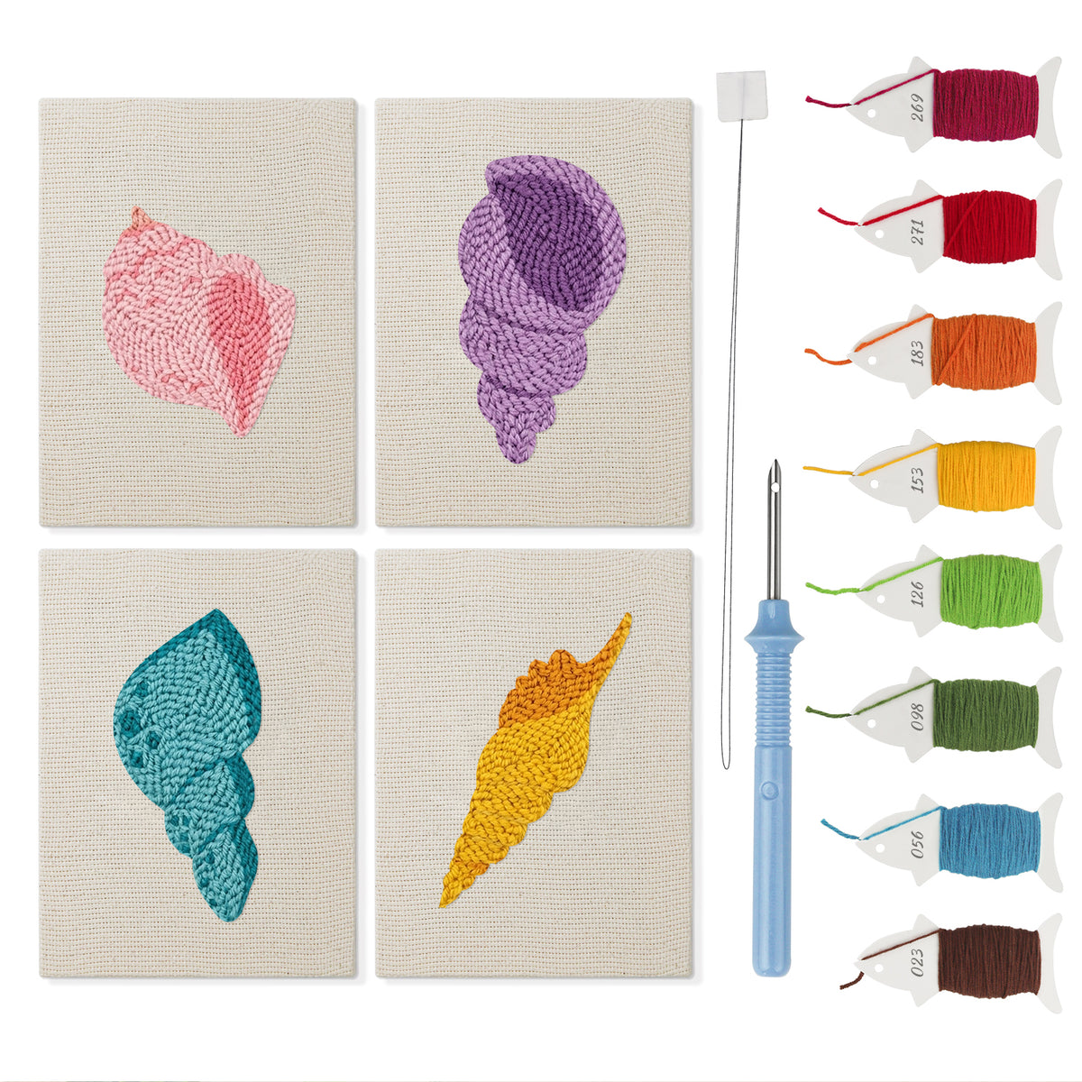 Pastel Seashells mini punch needle kit set: four finished canvases with threads, punch needle and threader