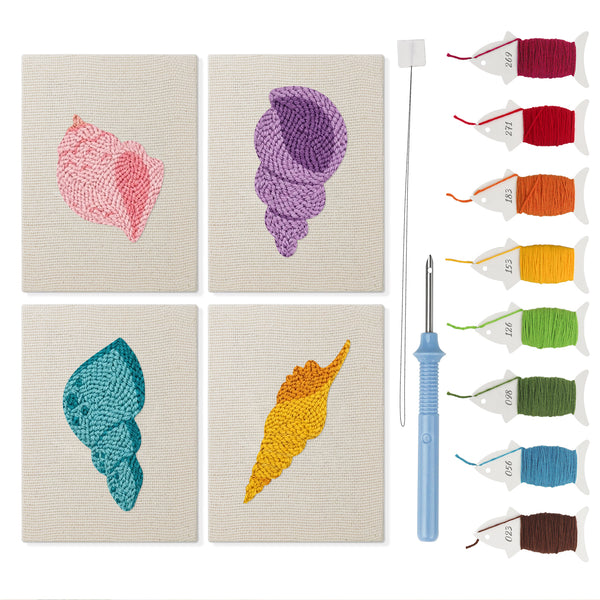 Pastel Seashells mini punch needle kit set: four finished canvases with threads, punch needle and threader