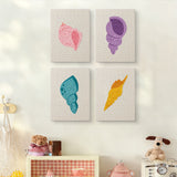 The four Pastel Seashells mini canvases on a wall above a shelf