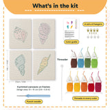 What is in the Pastel Seashells set: 4 printed canvases, punch needle, threader, threads, color guide and 4 sets of hangers (6 × 8 in (15 × 20 cm) each)