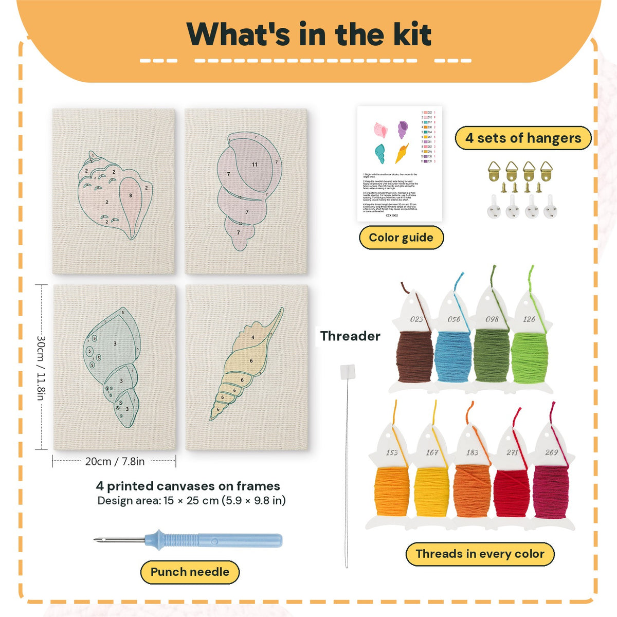 What is in the Pastel Seashells set, 8 × 12 in (20 × 30 cm) each: 4 printed canvases, punch needle, threader, threads, color guide and 4 sets of hangers