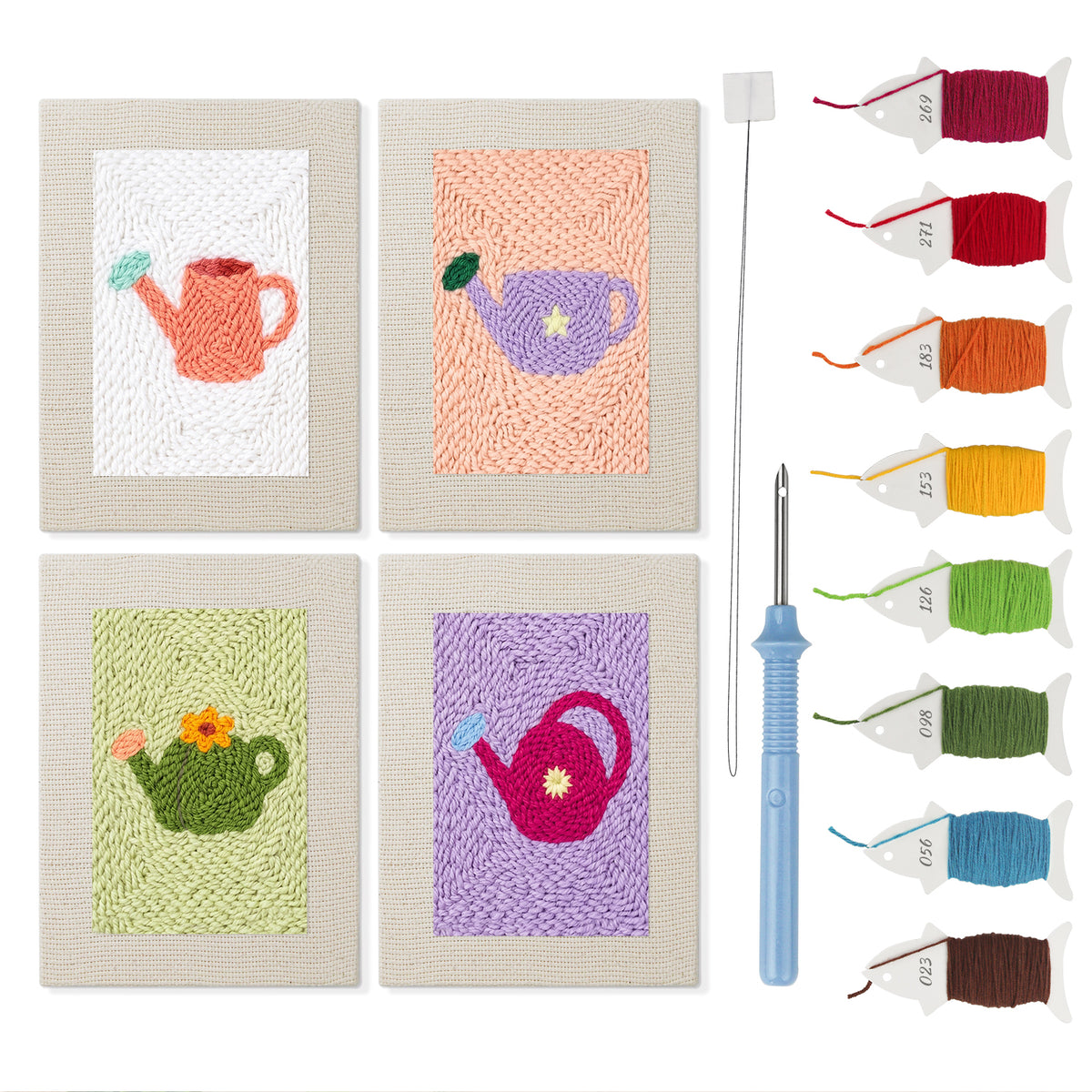 Pastel Watering Cans mini punch needle kit set: four finished canvases with threads, punch needle and threader