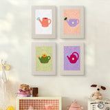 The four Pastel Watering Cans mini canvases on a wall above a shelf