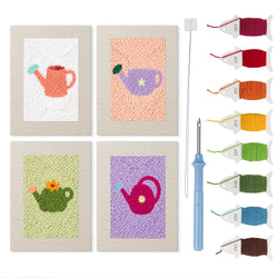 Pastel Watering Cans mini punch needle kit set: four finished canvases with threads, punch needle and threader